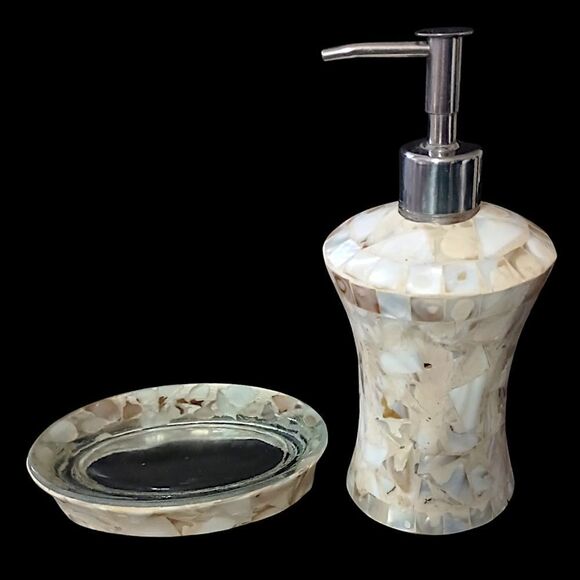 Capiz Shell Mosaic Soap Dispenser Set Of 2 Dish Mother Of Pearl Glass Bathroom.  - Picture 7 of 16